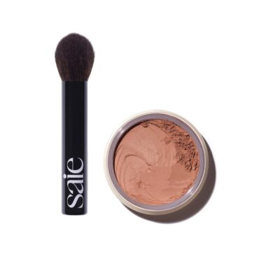 Saie Face Powder Duo, Deep - The Fluffy Brush, Soft, Multi-Use Targeted Powder Brush With Tapered Tip & Airset Radiant Loose Setting Powder, Translucent Deep (0.14 oz) - Vegan, Cruelty-Fee