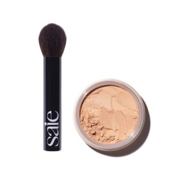 Saie Face Powder Duo, Medium - The Fluffy Brush, Soft, Multi-Use Targeted Powder Brush With Tapered Tip & Airset Radiant Loose Setting Powder, Translucent Medium (0.14 oz) - Vegan, Cruelty-Fee